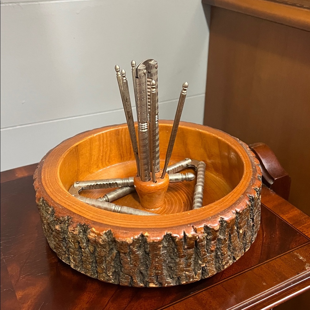 Vintage Rustic Wooden Bowl with Metal Accents